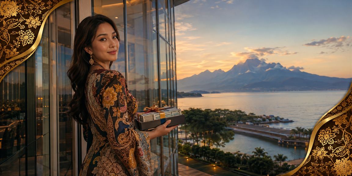 Pengguna dari Sabah membuat deposit dengan motif batik tempatan di latar belakang